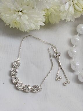 Silver Cubic Zirconia Station Slider Bracelet